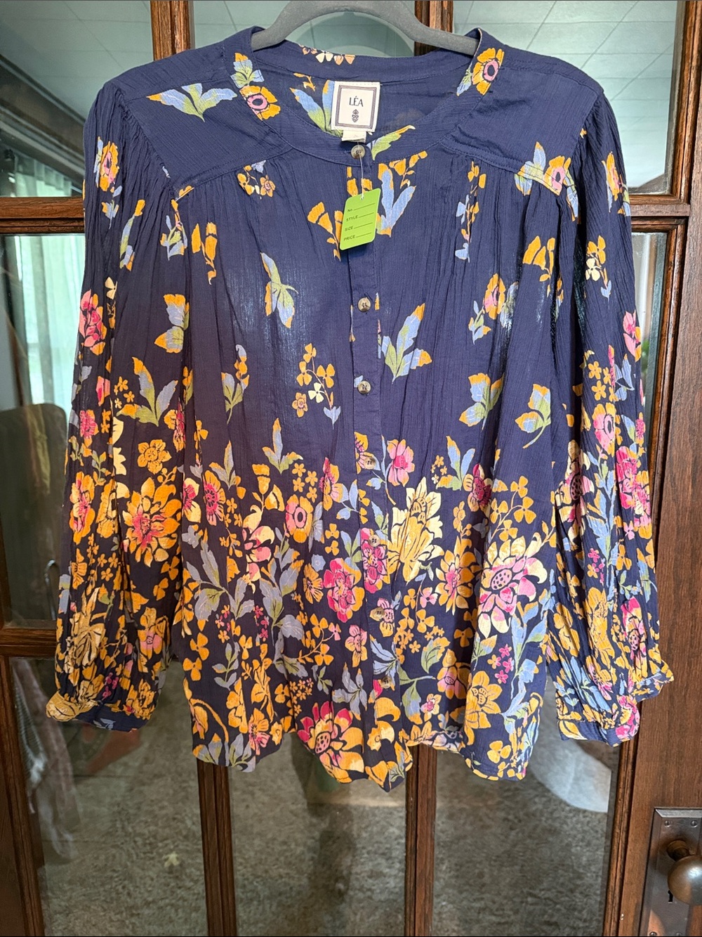 Navy Floral Button-Up Peasant Blouse